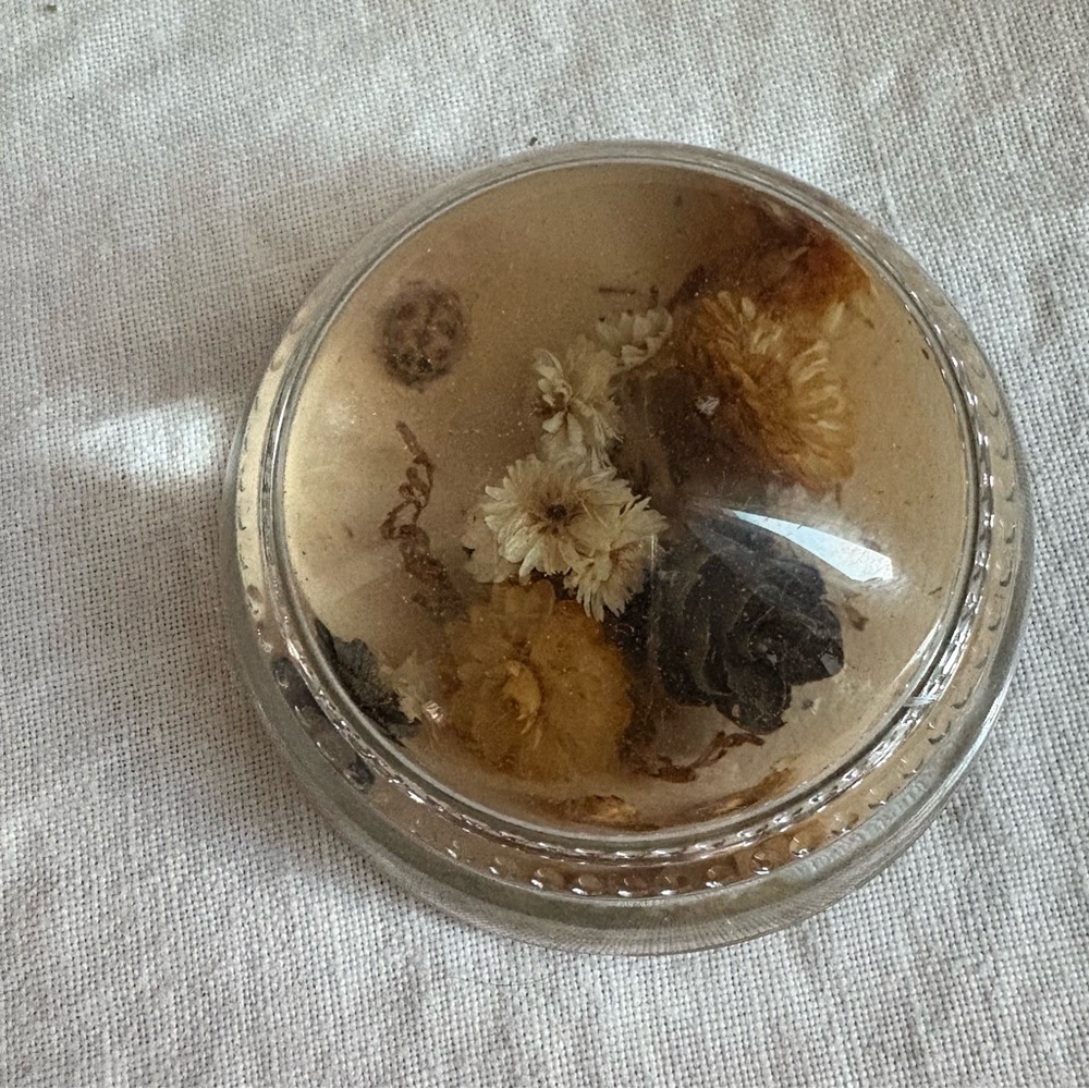 Vintage paperweight - clear with dried flowers